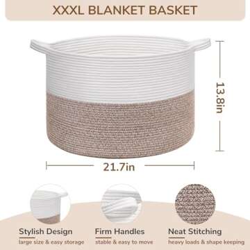 INDRESSME XXXLarge Cotton Rope Basket 21.7" x 21.7" x 13.8" Woven Baby Laundry Blanket Basket Toy Basket with Handle Storage Comforter Cushions Thread Laundry Hamper