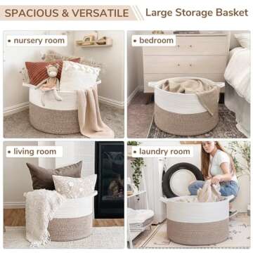 INDRESSME XXXLarge Cotton Rope Basket 21.7" x 21.7" x 13.8" Woven Baby Laundry Blanket Basket Toy Basket with Handle Storage Comforter Cushions Thread Laundry Hamper