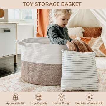INDRESSME XXXLarge Cotton Rope Basket 21.7" x 21.7" x 13.8" Woven Baby Laundry Blanket Basket Toy Basket with Handle Storage Comforter Cushions Thread Laundry Hamper