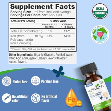 Wellements Organic Iron Drops - Cherry Flavor for Kids