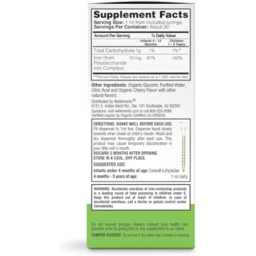 Wellements Organic Iron Drops - Cherry Flavor for Kids