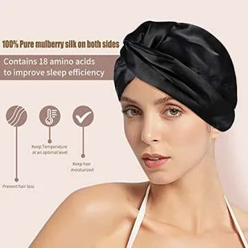 OLESILK Silk Bonnet for Sleeping Women: 100% Mulberry 22 Momme Silk, Adjustable Fit for Night Hair Care, No Frizz for Curls, Black