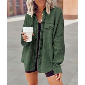 CHARTOU Women's Vintage Banded Collar Button Down Baggy Loose Fit Mid-Weight Frayed Waffle Knit Shac...