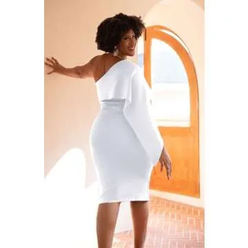 GOBLES Women's Summer Sexy One Shoulder Ruffle Bodycon Midi Cocktail Dress White