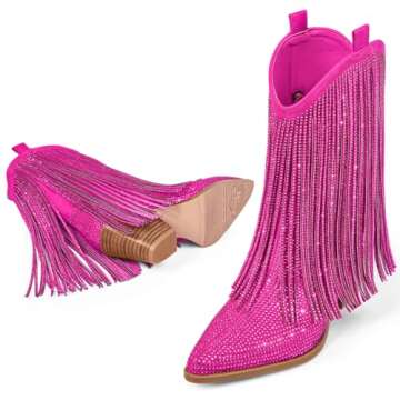 Ouepiano Cowboy Boots for Women - Cowgirl Rhinestone Boots with Sparkly Fringe Pointed Toe Western Ankle Boots & Booties Chunky Heel Pull-On Hot Pink US Size 8