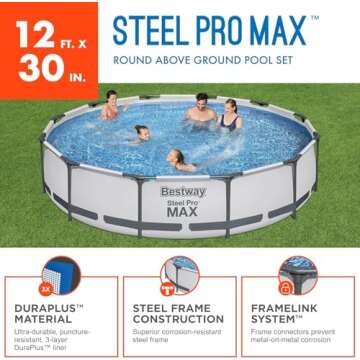 Bestway Steel Pro MAX 12 Foot by 30 Inch Round Above Ground Swimming Pool Set Outdoor Metal Frame Fa...