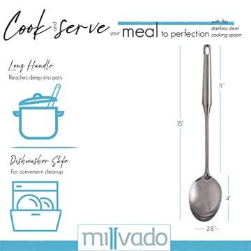 Millvado Stainless Steel Big Cooking Spoon, Kitchen Utensils and Gadgets, 15 Inch Large Spoon For for Cooking, Basting, Serving, Dishwasher Safe Metal Utensil, Durable, Solid Construction