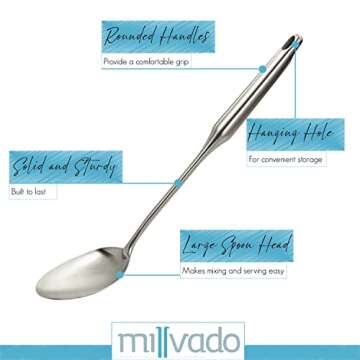 Millvado Stainless Steel Big Cooking Spoon, Kitchen Utensils and Gadgets, 15 Inch Large Spoon For for Cooking, Basting, Serving, Dishwasher Safe Metal Utensil, Durable, Solid Construction