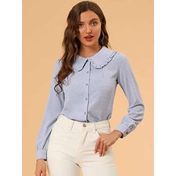 Allegra K Women's Swiss Dots Blouse Long Sleeve Peter Pan Collar Button Down Shirt Small Blue