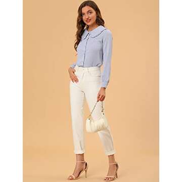 Allegra K Women's Swiss Dots Blouse Long Sleeve Peter Pan Collar Button Down Shirt Small Blue