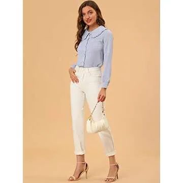 Allegra K Women's Swiss Dots Blouse Long Sleeve Peter Pan Collar Button Down Shirt Small Blue