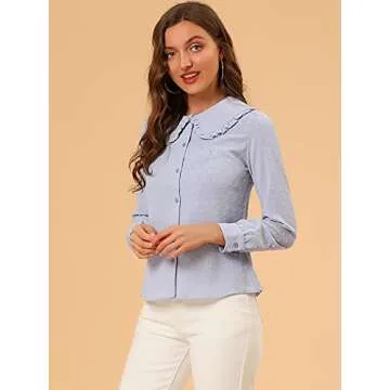 Allegra K Women's Swiss Dots Blouse Long Sleeve Peter Pan Collar Button Down Shirt Small Blue