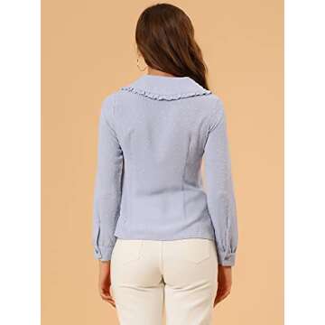 Allegra K Women's Swiss Dots Blouse Long Sleeve Peter Pan Collar Button Down Shirt Small Blue