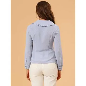 Allegra K Women's Swiss Dots Blouse Long Sleeve Peter Pan Collar Button Down Shirt Small Blue