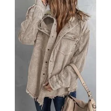 Dokotoo Ladies Corduroy Shacket Jackets for Women Fashion Contrast Color Block Oversized Hooded Long Sleeve Flannel Shirts Button Down Pocketed Casual Winter Fall 2024 Outerwear Khaki M