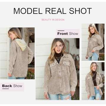 Dokotoo Ladies Corduroy Shacket Jackets for Women Fashion Contrast Color Block Oversized Hooded Long Sleeve Flannel Shirts Button Down Pocketed Casual Winter Fall 2024 Outerwear Khaki M