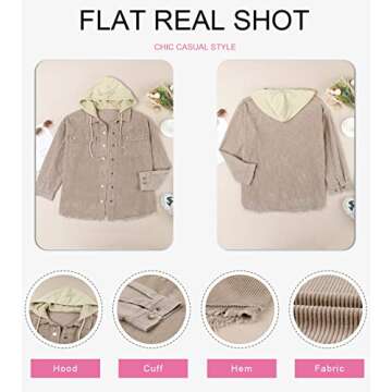 Dokotoo Ladies Corduroy Shacket Jackets for Women Fashion Contrast Color Block Oversized Hooded Long Sleeve Flannel Shirts Button Down Pocketed Casual Winter Fall 2024 Outerwear Khaki M