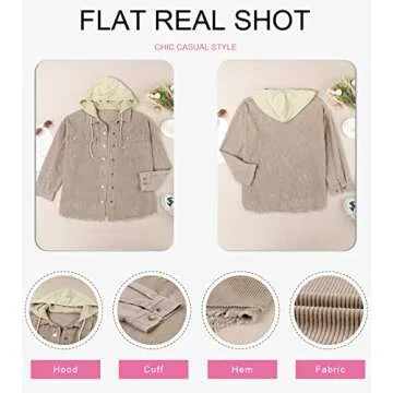 Dokotoo Ladies Corduroy Shacket Jackets for Women Fashion Contrast Color Block Oversized Hooded Long Sleeve Flannel Shirts Button Down Pocketed Casual Winter Fall 2024 Outerwear Khaki M