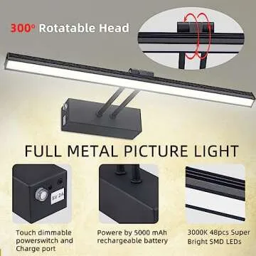 FUNCHDAY Wierelss Picture Light,13inch Picture Light Battery Operated,Remote Control Painting Light with Timer and Dimmable,Full Metal Art Light for Display,Wall,Artwork,Portrait,Gallery (Black)