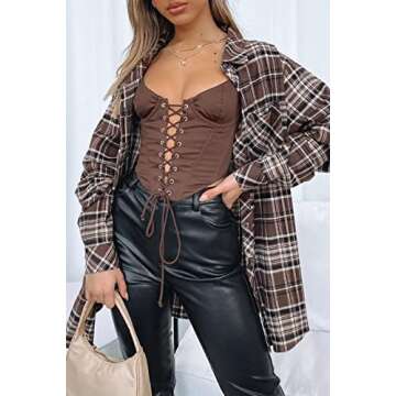 CHYRII Womens Button Down Flannel Shirts Long Sleeve Plaid Shacket Business Casual Blouse Topss Coff...