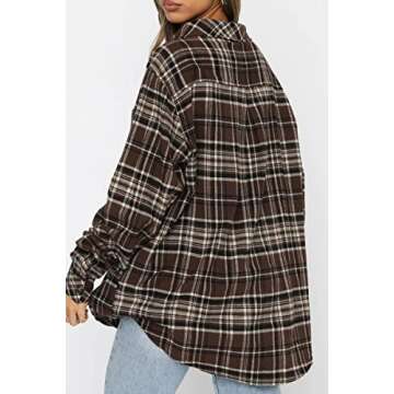 CHYRII Womens Button Down Flannel Shirts Long Sleeve Plaid Shacket Business Casual Blouse Topss Coffee-7111 M