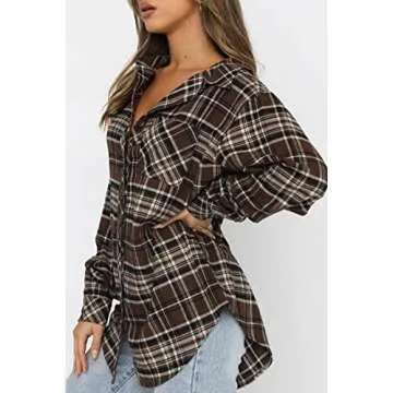 CHYRII Womens Button Down Flannel Shirts Long Sleeve Plaid Shacket Business Casual Blouse Topss Coffee-7111 M