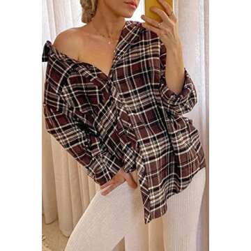 CHYRII Womens Button Down Flannel Shirts Long Sleeve Plaid Shacket Business Casual Blouse Topss Coffee-7111 M