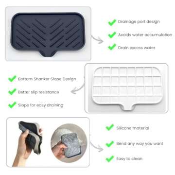 jyibinee Drain Mat, Silicone Soap Dish, Anti-Skid with Drain Spout Counter Sink Organizer Sponge Holder for Bathroom and Kitchen Grey Large