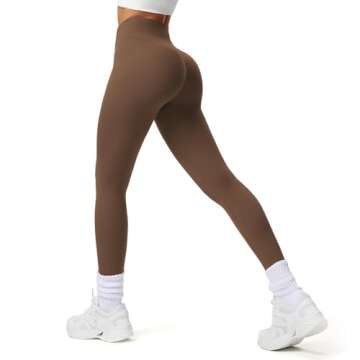 Aoxjox Workout Leggings for Women Tummy Control Athletic Gym Running Vanity V Waist Hidden Scrunch Yoga Pants 28" (Fudge Coffee, Large)