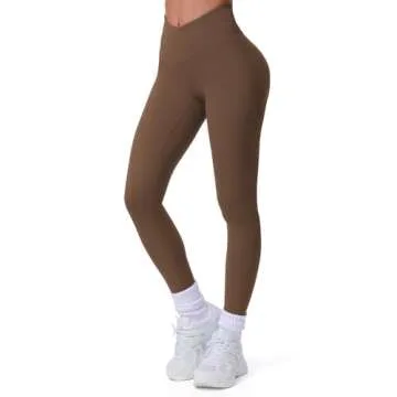 Aoxjox Workout Leggings for Women Tummy Control Athletic Gym Running Vanity V Waist Hidden Scrunch Yoga Pants 28" (Fudge Coffee, Large)