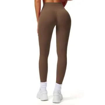Aoxjox Workout Leggings for Women Tummy Control Athletic Gym Running Vanity V Waist Hidden Scrunch Yoga Pants 28" (Fudge Coffee, Large)
