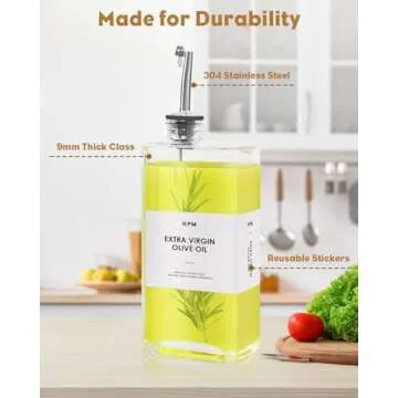 KFM Set Of 4 Olive Oil Dispenser for Kitchen, 17oz Glass Oil Bottle with 2 Stainless Steel Pourers and 44 Labels, Perfect for Oil, Vinegar, Soy Sauce, and Syrups