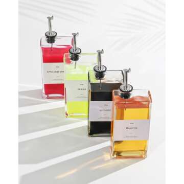 KFM Set Of 4 Olive Oil Dispenser for Kitchen, 17oz Glass Oil Bottle with 2 Stainless Steel Pourers and 44 Labels, Perfect for Oil, Vinegar, Soy Sauce, and Syrups
