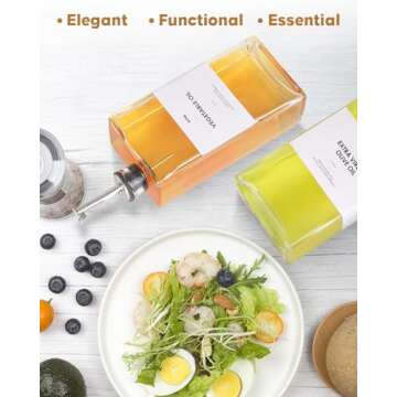 KFM Set Of 4 Olive Oil Dispenser for Kitchen, 17oz Glass Oil Bottle with 2 Stainless Steel Pourers and 44 Labels, Perfect for Oil, Vinegar, Soy Sauce, and Syrups