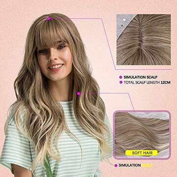 OUFEI 24 Inches Ash Blonde Wigs With Bangs for Women Natural Synthetic Wavy Wigs Heat Resistant Hair Long Wigs for Daily Party Wear