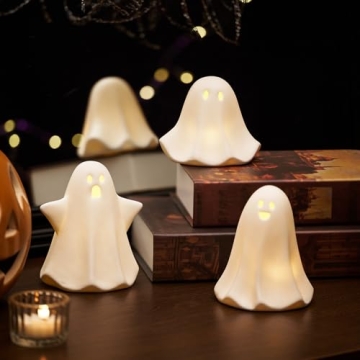 Light Up Ghost Halloween Decor - Cute Ceramic Figurines for Festive Decor