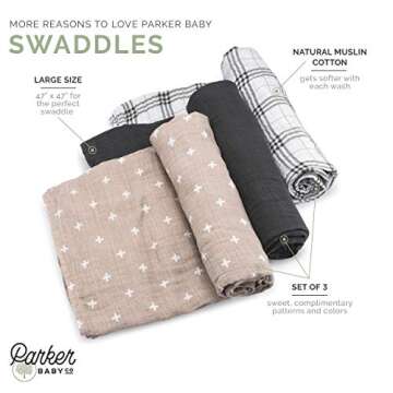 Parker Baby Co. Swaddle Blankets - Pack of 3 of 100% Cotton Muslin Swaddle Blankets for Baby Boys an...