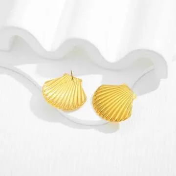 WOWORAMA Gold Seashell Earrings for Women Striped Large Scallop Shell Earring Vintage Big Sea Shell Stud Earrings Boho Summer Beach Statement Earring