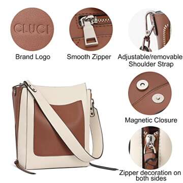 CLUCI Hobo Bags for Women Soft Leather Bucket Tote Purse and Handbag Designer Ladies Crossbody Shoulder Bags Off-white with Brown
