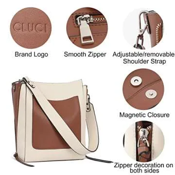 CLUCI Hobo Bags for Women Soft Leather Bucket Tote Purse and Handbag Designer Ladies Crossbody Shoulder Bags Off-white with Brown