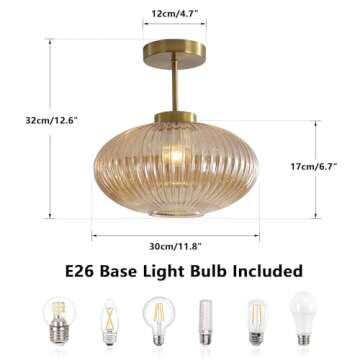 KCO Lighting Amber Bubble Glass Ceiling Light Mid Century Modern Semi Flush Mount Ceiling Light Farm...