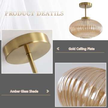 KCO Lighting Amber Bubble Glass Ceiling Light Mid Century Modern Semi Flush Mount Ceiling Light Farmhouse Gold Flush Mount Ceiling Light Fixture Large for Hallway Entryway Porch
