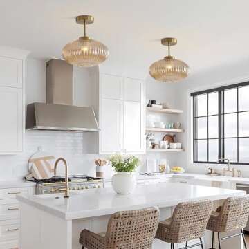 KCO Lighting Amber Bubble Glass Ceiling Light Mid Century Modern Semi Flush Mount Ceiling Light Farmhouse Gold Flush Mount Ceiling Light Fixture Large for Hallway Entryway Porch