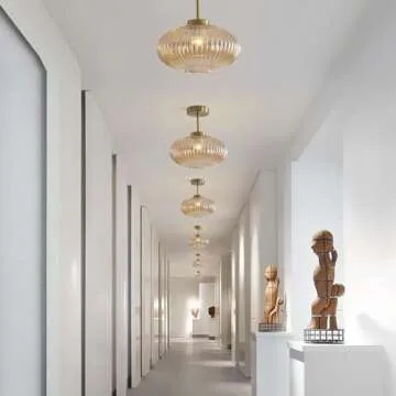 KCO Lighting Amber Bubble Glass Ceiling Light Mid Century Modern Semi Flush Mount Ceiling Light Farmhouse Gold Flush Mount Ceiling Light Fixture Large for Hallway Entryway Porch