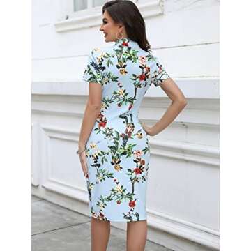oxiuly Women's Vintage Floral Flare Stretch Stand Collar Casual Work Pencil Dress OX183 (S, Baby Blu...