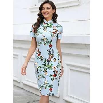 oxiuly Women's Vintage Floral Flare Stretch Stand Collar Casual Work Pencil Dress OX183 (S, Baby Blue)