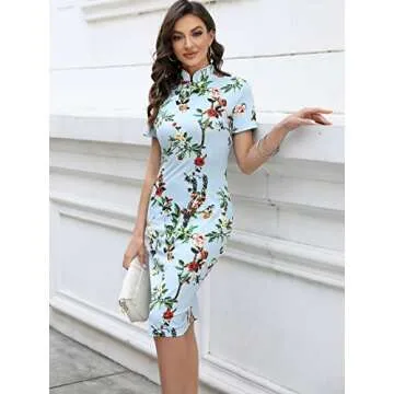 oxiuly Women's Vintage Floral Flare Stretch Stand Collar Casual Work Pencil Dress OX183 (S, Baby Blue)
