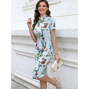 oxiuly Women's Vintage Floral Flare Stretch Stand Collar Casual Work Pencil Dress OX183 (S, Baby Blue)
