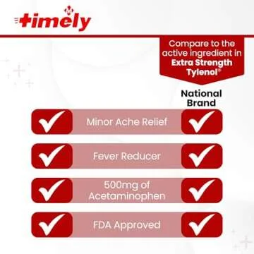 Timely Acetaminophen 500mg - 500 Caplets - Extra Strength Pain Relief - Compared to the active ingredient in Extra Strength Tylenol - Menstrual Cramps, Fever Reducer, Minor Pain of Arthritis