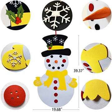 THAWAY DIY Felt Christmas Snowman with 38 Pcs Detachable Ornaments, Xmas Gifts for Kids New Year Handmade Christmas Door Wall Hanging Decorations